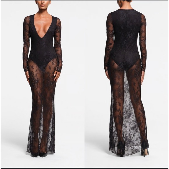 *RARE*SKIMS Ultra Fine Lace Plunge Long Maxi Dress Onyx Black Sheer Sexy - Picture 1 of 14